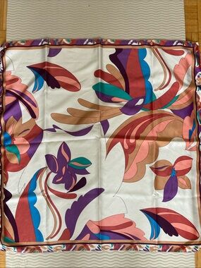 Vibrant Floral Print Satin Scarf - Cream Base with Purple, Teal & Coral